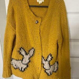 Anthropologie Mustard Yellow Knit Cardigan with Bunny Intarsia